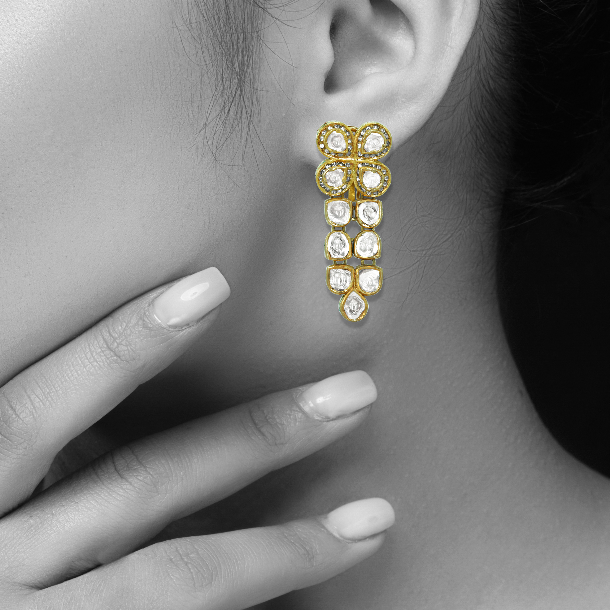 Floral Polki Earrings with Cascading Rose-Cut Diamonds